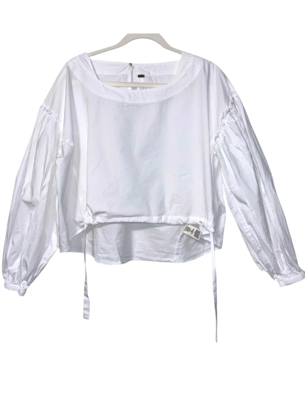 Free People 100% Cotton White Tie Front Balloon Sleeve Cropped Blouse Top